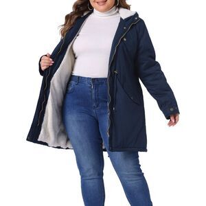 Plus Size Parkas Jackets Faux Fur Lined Anorak Coat with Hood Navy Blue